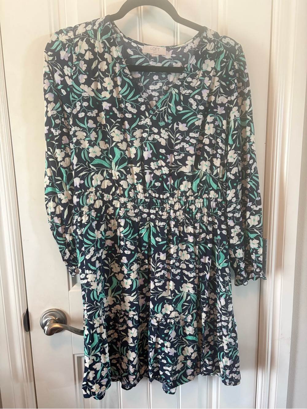 LOFT Navy Floral Dress with White and Green Print